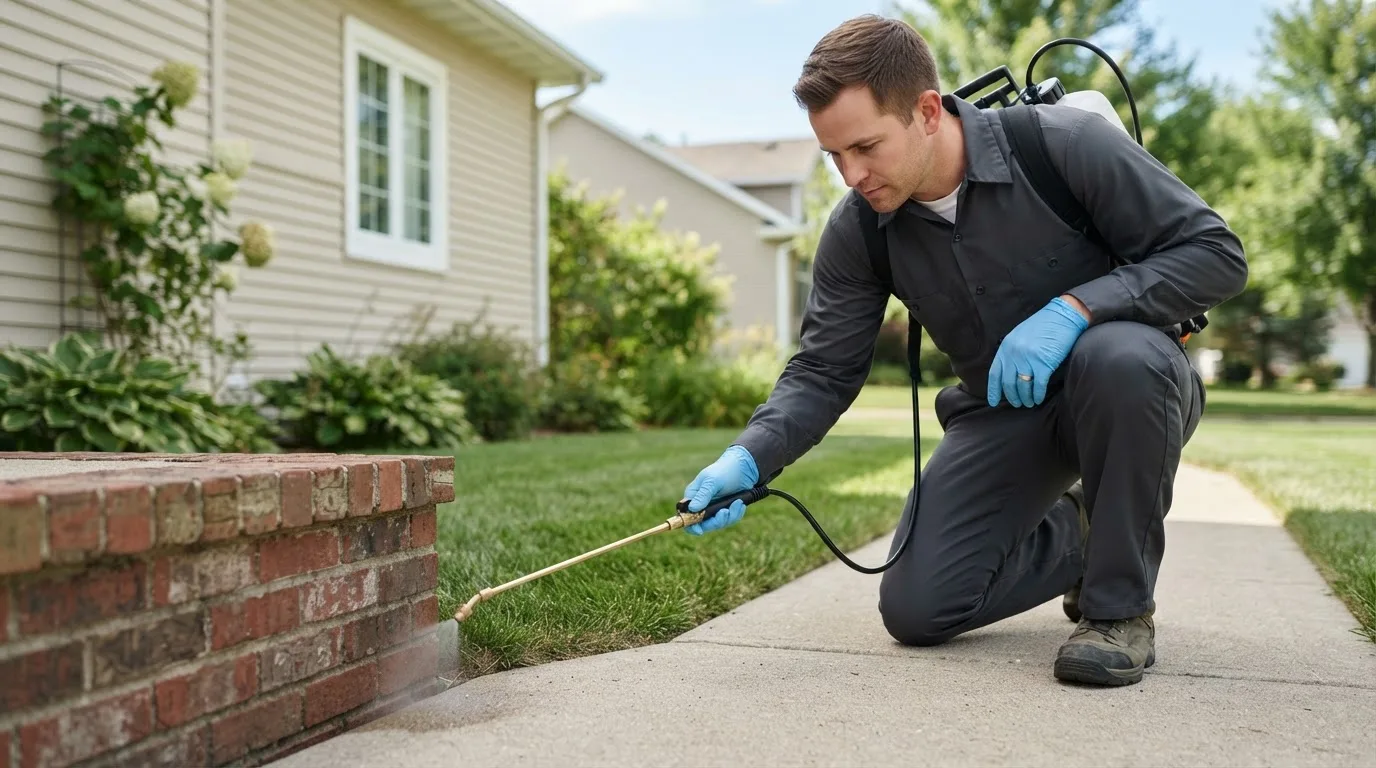 Pest control technician treating a home near Waltham, MA