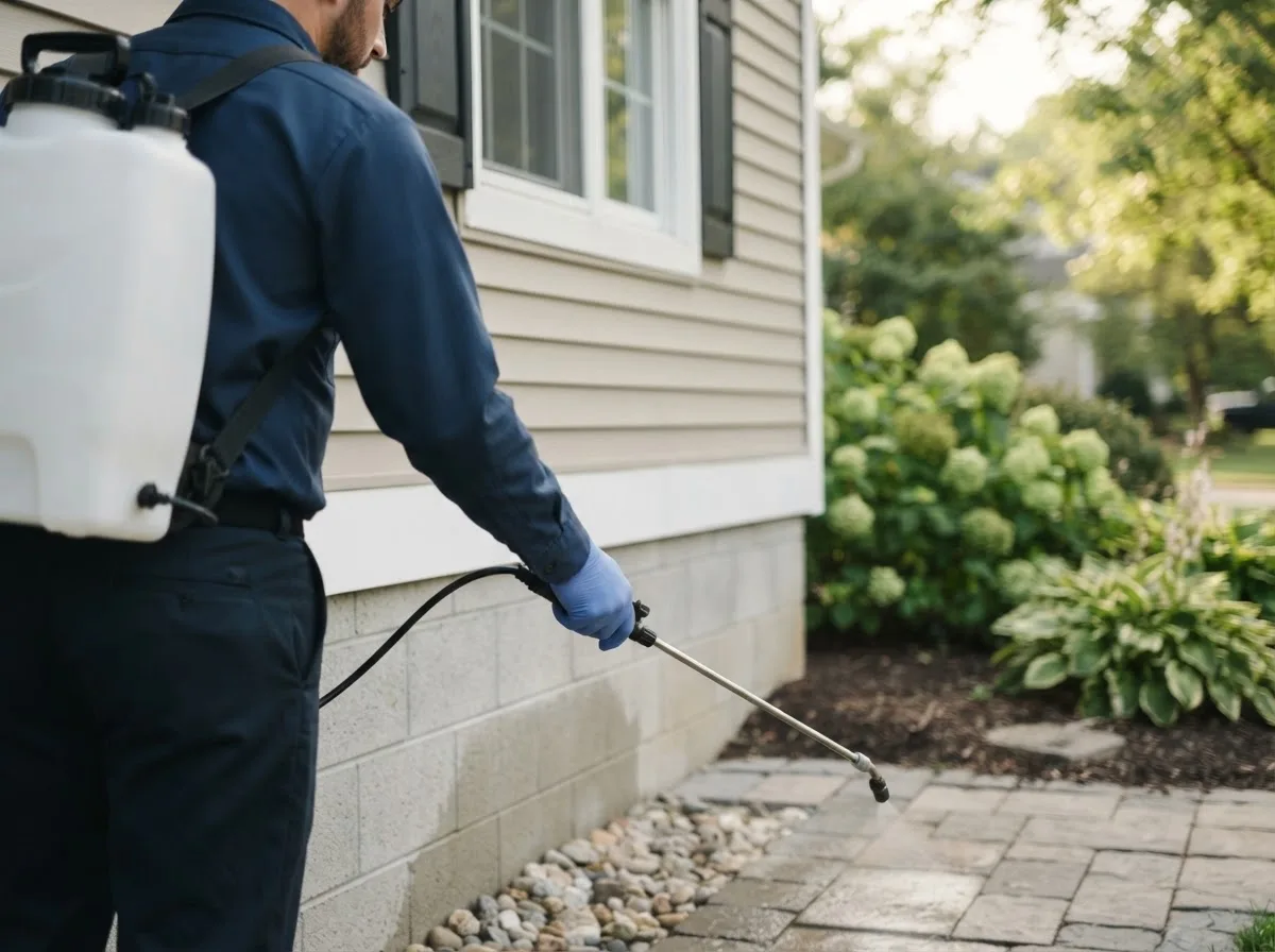 Pest control technician inspecting a home in Waltham, MA